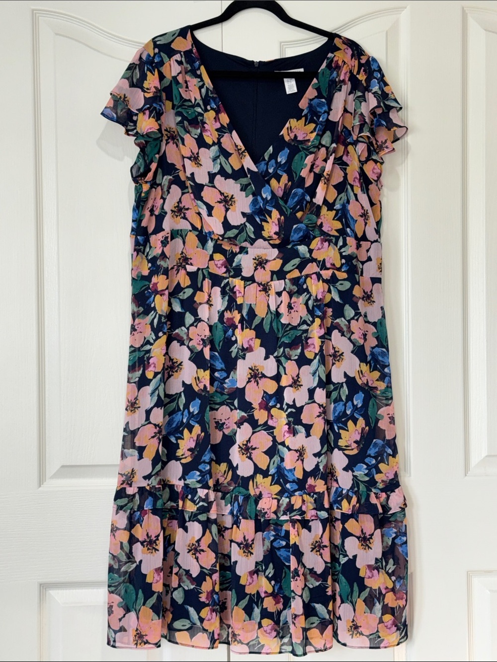 London Times Navy Pink Floral Tiered Flutter Sleeve Midi Dress Plus Size 16W